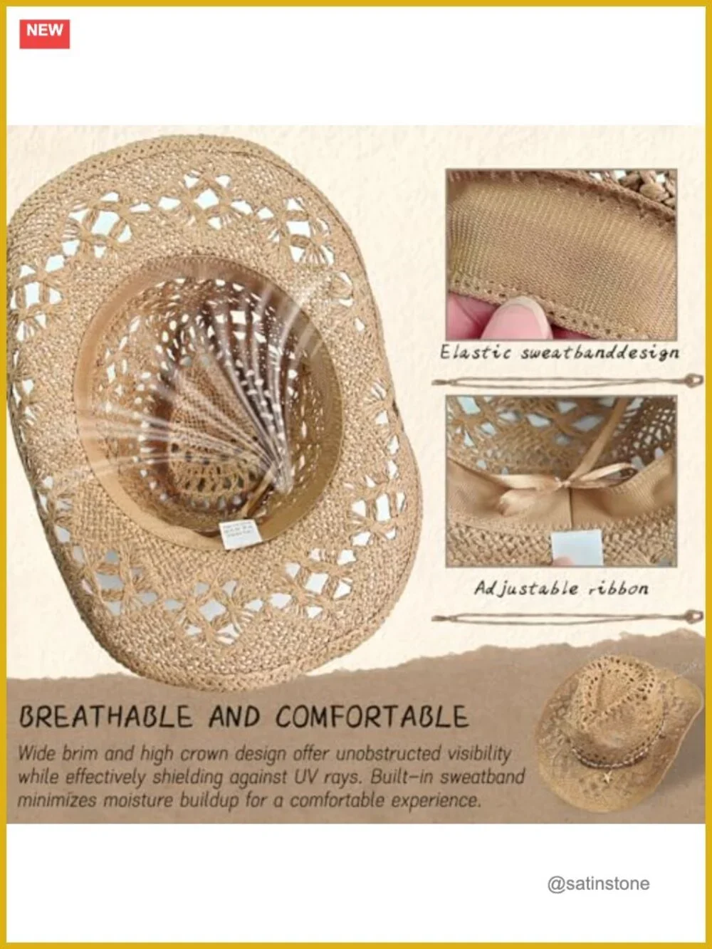 Straw Cowboy Hat with Interchangeable Bands, Wide Brim Sun Hat